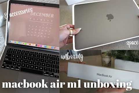 MACBOOK AIR M1 UNBOXING SPACE GREY *aesthetic* | + must have accessories and set up!