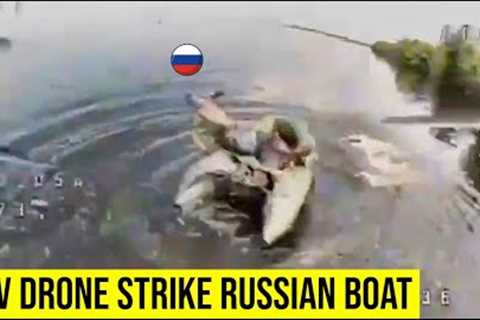 Russian troops jump from their boat after FPV drone strike.