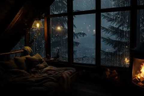Rain on window in Cozy Attic Ambience with Fireplace Burnings to Warm up and Relaxation